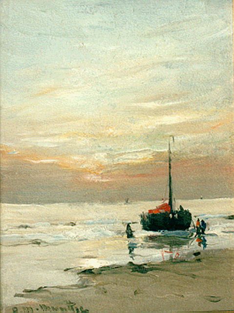 Morgenstjerne Munthe | A 'bomschuit'  in the surf, oil on panel, 21.0 x 15.9 cm, signed l.l.