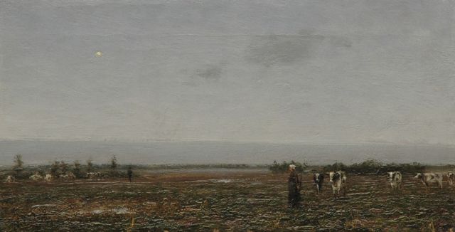 Evert Pieters | A cowherd with cattle in the field, oil on canvas, 18.8 x 36.0 cm, signed l.l.