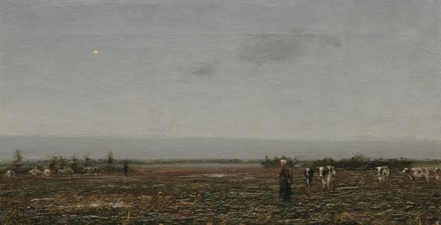 Pieters E.  | A cowherd with cattle in the field, oil on canvas 18.8 x 36.0 cm, signed l.l.