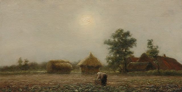 Pieters E.  | A farmer's wife at work, oil on canvas 18.7 x 36.2 cm, signed l.l.