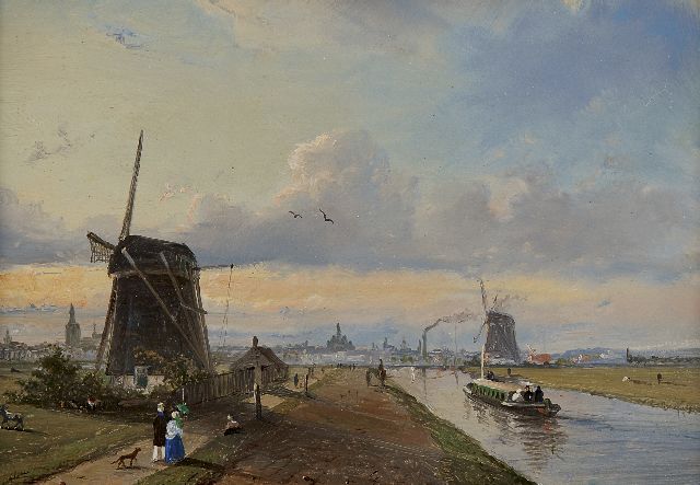 Jan Heppener | A view of The Vliet near The Hague with a train, oil on panel, 14.4 x 20.7 cm