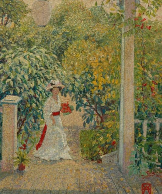 Ames W.  | Woman in white dress in a garden, oil on board 22.4 x 18.6 cm, signed l.r. with monogram