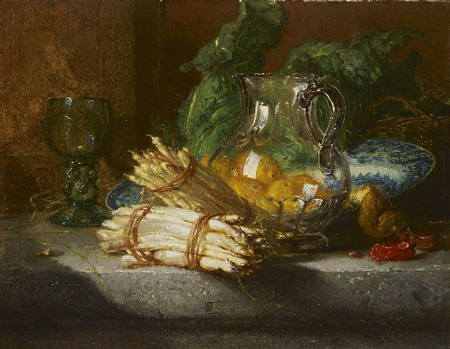 Vos M.  | A still life with asparagus and lemons, oil on panel 24.6 x 32.1 cm, signed l.l. and reverse on label and painted 1877