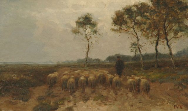 Kregten J.A.R.F. van | Heathland in Drenthe with sheep, oil on canvas 34.2 x 54.8 cm, signed l.r. with initials