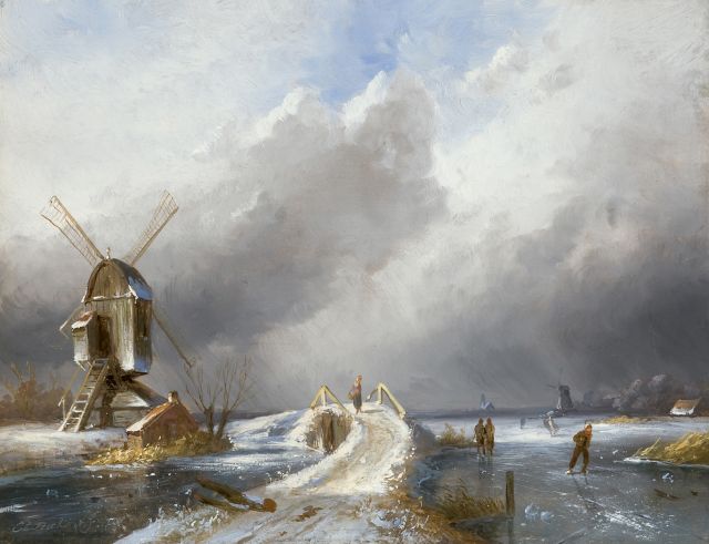 Charles Leickert | Skaters in an upcoming snowstorm, oil on panel, 20.8 x 27.0 cm, signed l.r.