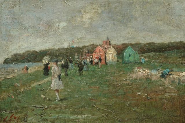 Engelse School, 19e eeuw | Playing croquet in the dunes near a beach, oil on canvas laid down on panel, 20.5 x 30.6 cm, signed l.l. 'J. 'Guy'