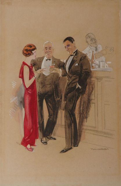 Hem P. van der | Flirtation at the bar, chalk and watercolour on paper 45.0 x 30.0 cm, signed l.r.