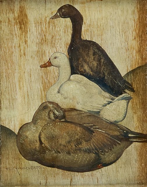 Berg W.H. van den | Geese, oil on panel 17.4 x 14.1 cm, signed l.l. and on the reverse