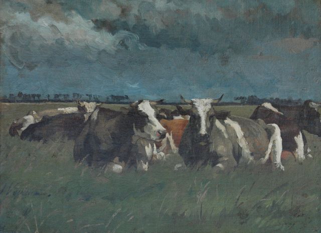 Jan Voerman sr. | Cows in de meadow near the IJssel river, Holland, oil on canvas, 30.3 x 41.3 cm, signed l.l.