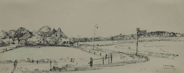 Noltee B.C.  | Landscape with farm, pen and ink on paper 12.4 x 30.1 cm, signed l.r.