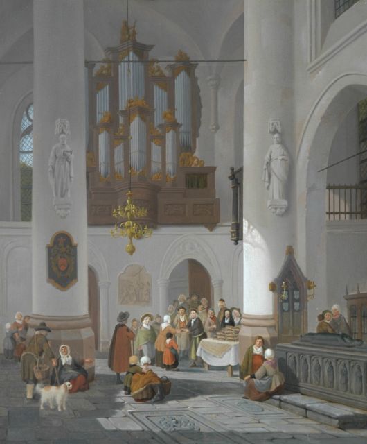 Verheijen J.H.  | A church interior; distributing the alms, oil on panel 40.8 x 34.0 cm, signed l.r.