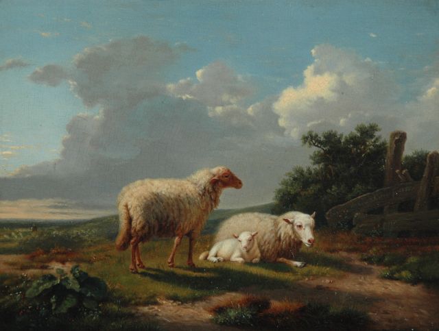 Joseph van Dieghem | Landscape with two sheep and a lamb, oil on panel, 18.8 x 24.5 cm, signed m.r. and dated 1855