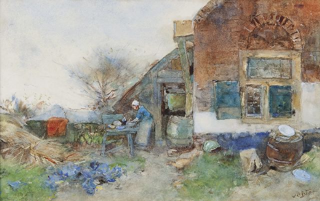 Willem van der Nat | A Dutch farmyard with a peasant woman, watercolour on paper, 31.2 x 49.0 cm, signed l.r.