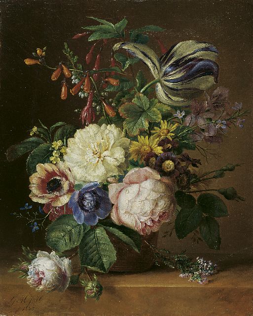 Huidekoper G.M.J.  | A still life of roses, tulips and anemones, oil on canvas 37.5 x 30.5 cm, signed l.l. with initials and dated 1845