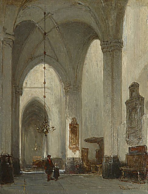 Bosboom J.  | The interior of the Grote Kerk in Breda, oil on panel 20.8 x 16.0 cm, signed l.r.