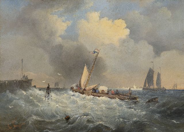 Jan Kuijpers | A ferryboat in stormy weather, oil on panel, 19.2 x 26.0 cm, signed l.l. and painted ca. 1860, without frame