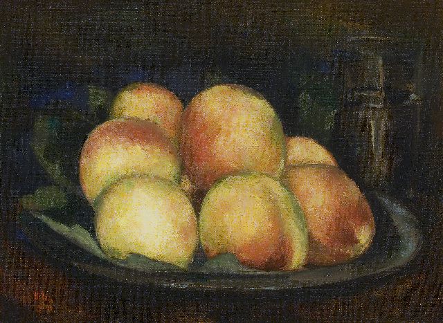 Kelder A.B.  | Peaches in a tin dish, oil on canvas 32.3 x 43.3 cm, signed l.l. and dated '40