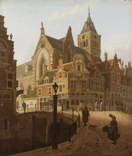 Verheijen J.H.  | A town view with pedestrians on a bridge, oil on panel 24.2 x 20.9 cm, signed l.l. and dated 1813