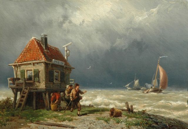 Koekkoek J.H.B.  | Figures near a ferry-house, oil on panel 24.6 x 35.1 cm, signed l.l. and dated '79