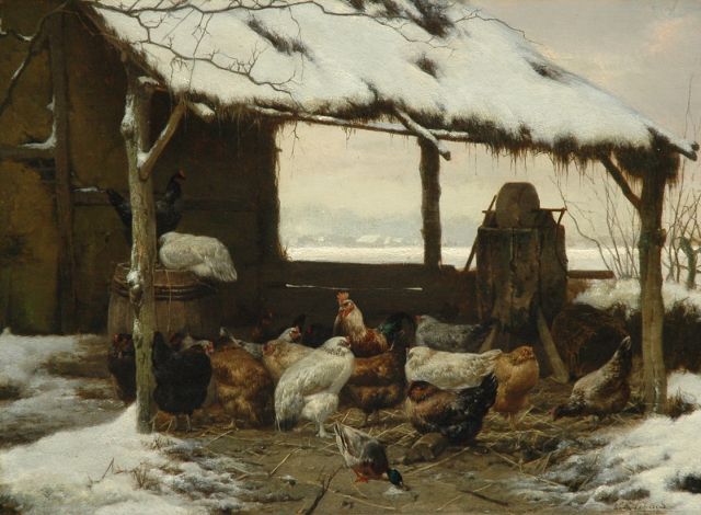 Eugène Remy Maes | Poultry in a snow covered shed, oil on panel, 26.6 x 36.0 cm, signed l.r.