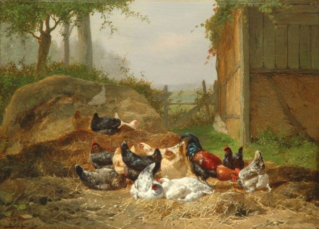 Eugène Remy Maes | Poultry in a sunlit farmyard, oil on panel, 26.5 x 36.0 cm, signed l.l.