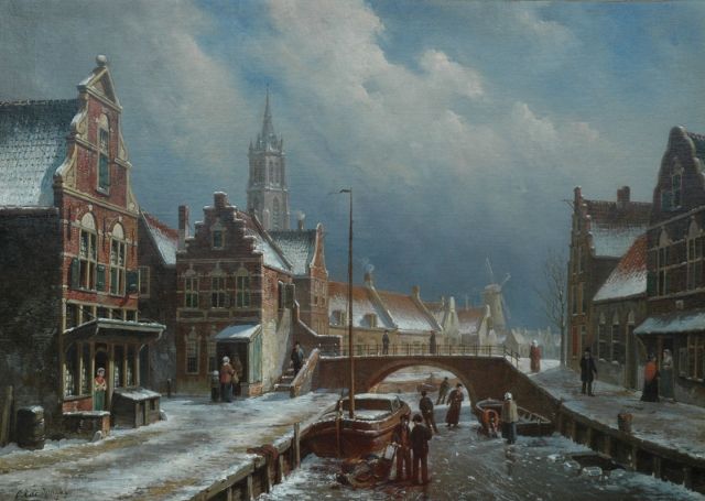 Oene Romkes de Jongh | Skaten on a frozen canal in a Dutch town, oil on canvas, 49.9 x 70.0 cm, signed l.l.