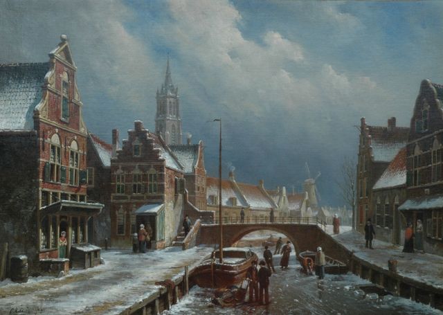 Jongh O.R. de | Skaten on a frozen canal in a Dutch town, oil on canvas 49.9 x 70.0 cm, signed l.l.