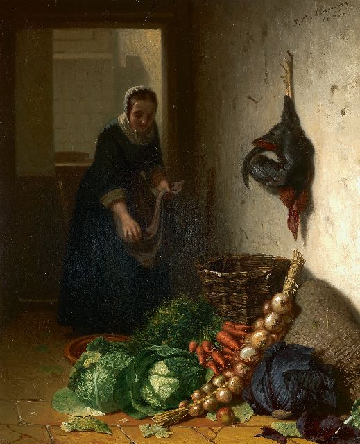Johannes Engel Masurel | In the kitchen, oil on panel, 31.2 x 25.3 cm, signed u.r. and dated 1866