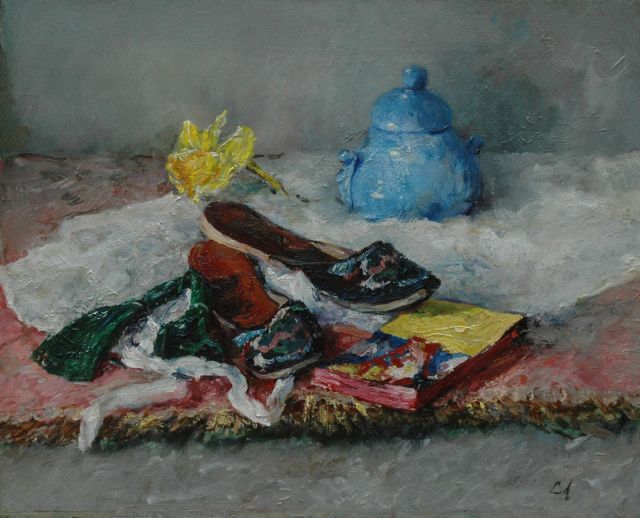 Ansingh M.E.G.  | A still life with oriental slippers, oil on canvas 40.5 x 50.5 cm, signed l.r. with initials