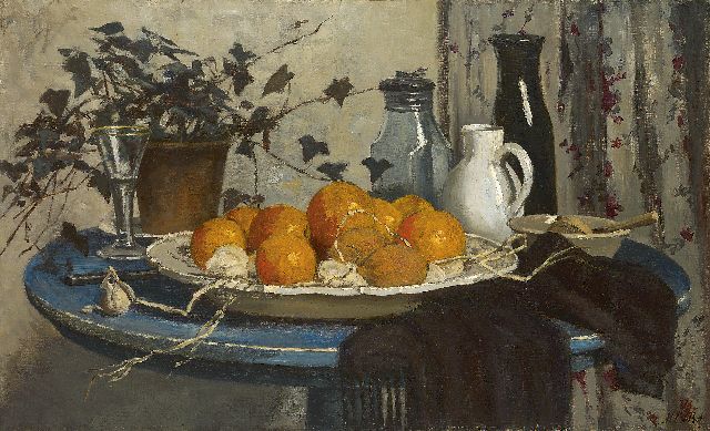 Regteren Altena M.E. van | A still life with oranges on a blue table, oil on canvas 48.3 x 78.3 cm, signed l.r. with initials and on the reverse