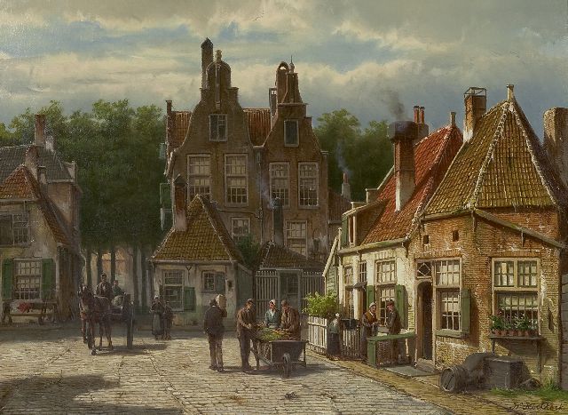 Koekkoek W.  | Villagers on a sunny square, oil on canvas 44.5 x 60.7 cm, signed l.r.