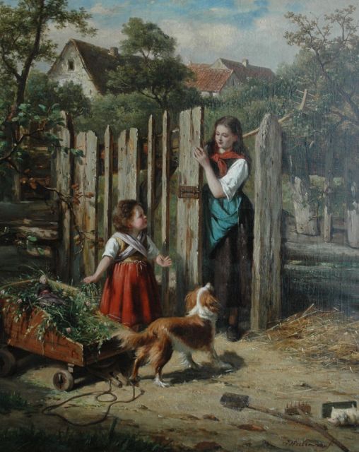 Jan Walraven | A playing girl with her dog, oil on canvas, 69.8 x 57.1 cm, signed l.r.