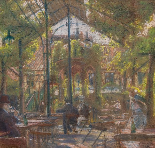 Ole Wolhardt Stampe Due | Garden café in Copenhagen, pastel on paper, 49.3 x 55.0 cm, signed l.r. and dated 1909