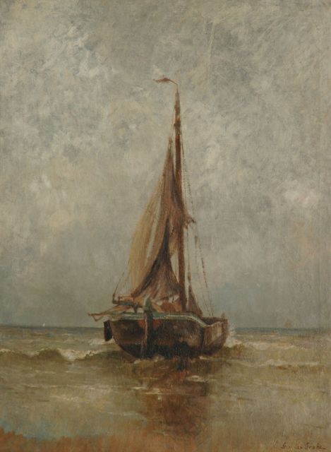 German Grobe | A fishing boat in the breakers, Katwijk, oil on canvas, 80.1 x 59.9 cm, signed l.r.