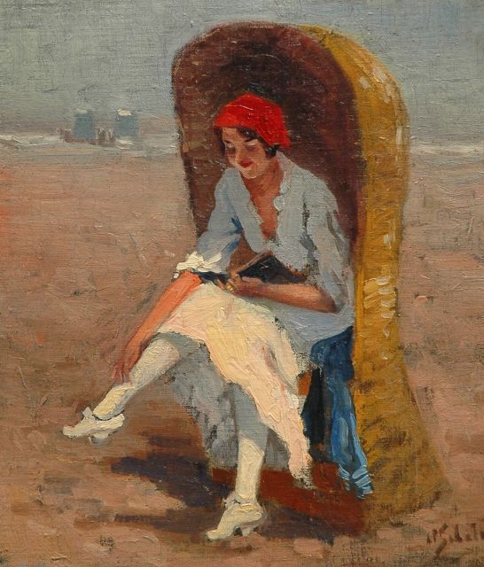 Schotel A.P.  | Reading on the beach, oil on canvas laid down on board 36.6 x 31.2 cm, signed l.r.