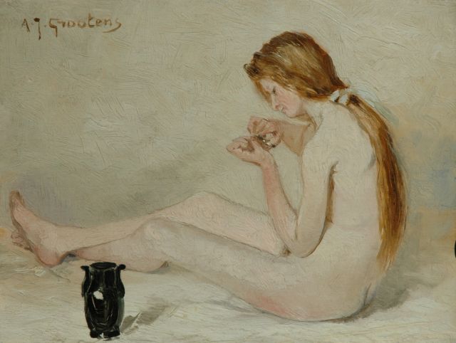 Grootens A.J.  | Female nude, oil on panel 16.3 x 21.1 cm, signed u.l.