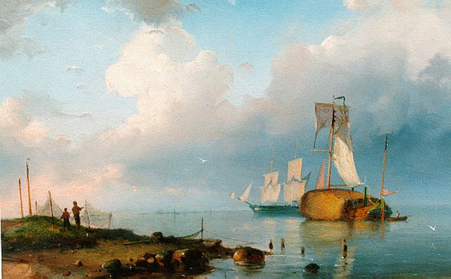 Pieter Cornelis  Dommershuijzen | Shipping on the Zuiderzee, oil on panel, 19.8 x 29.3 cm, signed l.l. with monogram and dated '54