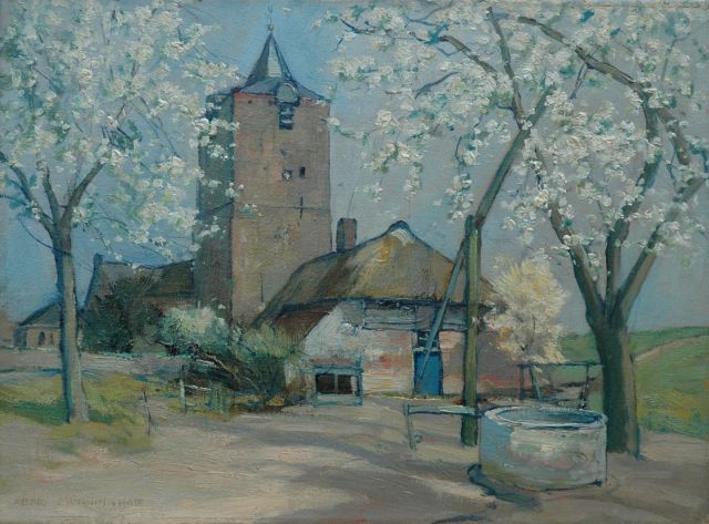 Xeno Münninghoff | Trees in bloom by the church in Dodewaard, oil on canvas, 30.3 x 40.8 cm, signed l.l.