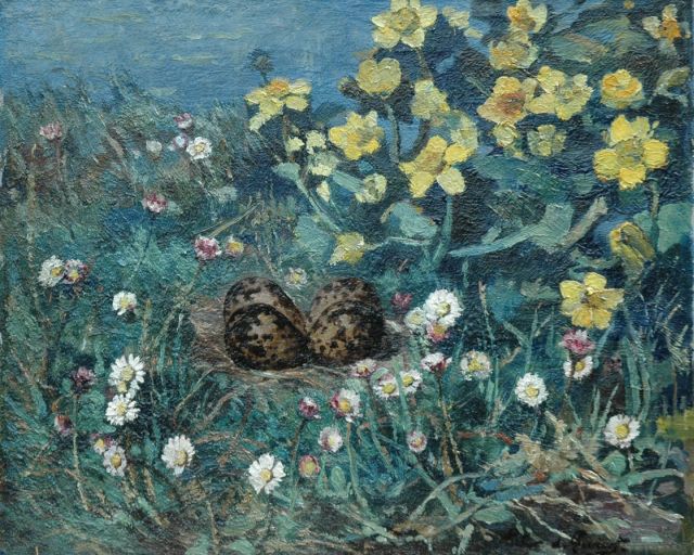 Zwart P.M.A. de | Plover's egg between fieldflowers, oil on canvas 34.5 x 42.3 cm, signed l.r.