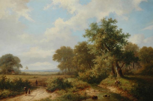 Hendrik Pieter Koekkoek | Fishermen and countrymen on a country road, oil on canvas, 66.6 x 100.5 cm, signed l.l.