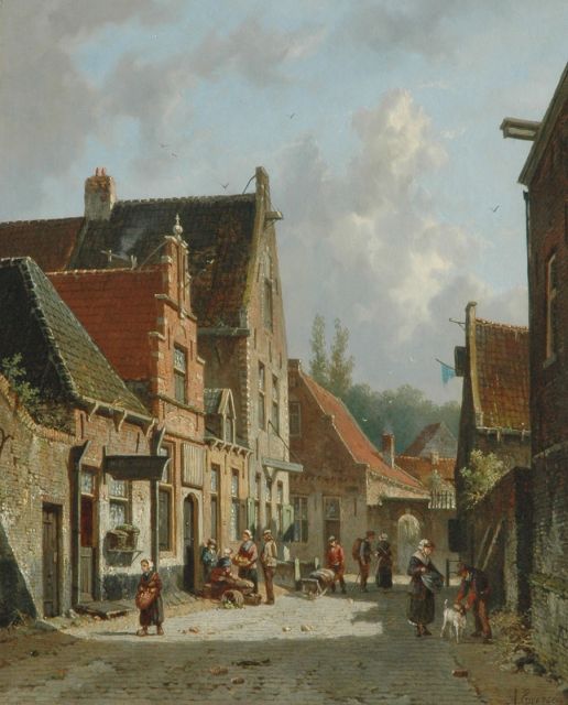 Adrianus Eversen | A busy Dutch street with figures, oil on panel, 43.8 x 35.3 cm, signed l.r. in full and with monogram