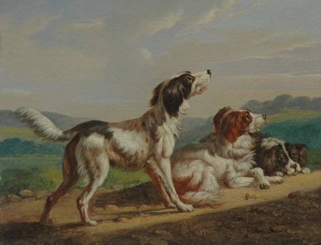 Albertus Verhoesen | Three Setters, oil on panel, 13.5 x 17.4 cm, signed l.c. and dated 1873