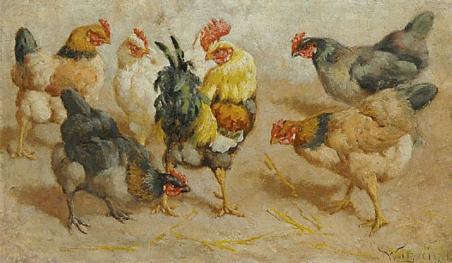 Baird W.B.  | A rooster and chickens, oil on painter's board 12.0 x 20.1 cm, signed l.r. and on the reverse
