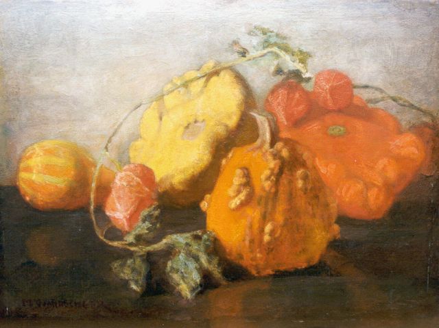 Wandscheer M.W.  | Still life with gourds, oil on panel 30.0 x 41.0 cm, signed l.l.