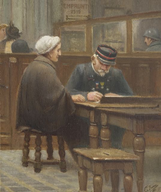 Duran G.  | At the mortgage bank, oil on panel 43.1 x 36.1 cm, signed l.r. and dated 1910
