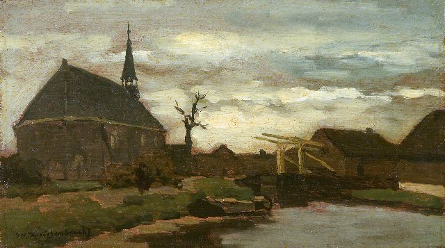 Weissenbruch H.J.  | A view of the church of Nieuwkoop, The Netherlands, oil on panel 18.1 x 31.7 cm, signed l.l.