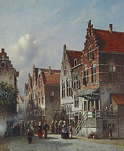 Vertin P.G.  | A sunny Dutch town with figures, oil on panel 36.7 x 30.4 cm, signed l.l. and executed ca. 1860-1870