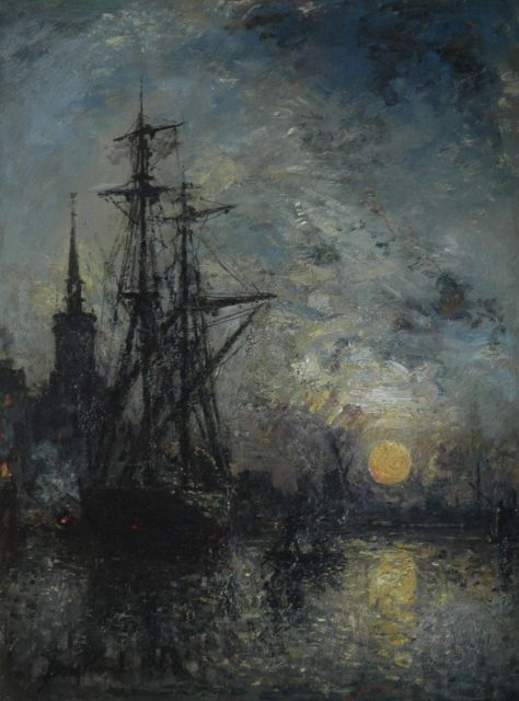 Jongkind J.B.  | The harbour of Rotterdam by night, oil on canvas 43.1 x 32.4 cm, signed l.l. and dated '68