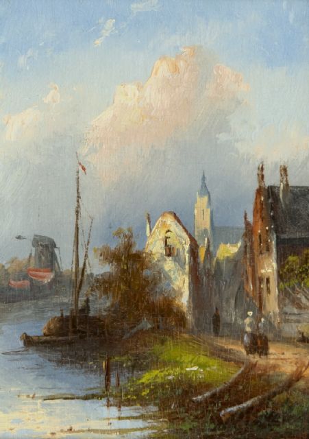 Spohler J.J.C.  | Dutch river landscape with houses, oil on panel 12.1 x 8.8 cm, signed on the reverse