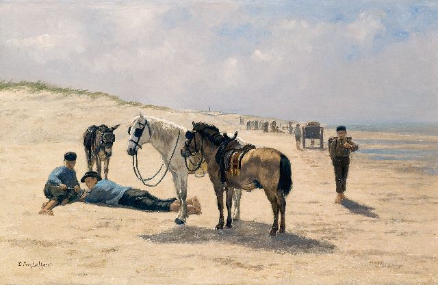 Lokhorst D.P. van | Horses and donkey on the beach, Katwijk, oil on canvas 44.0 x 67.2 cm, signed l.l.